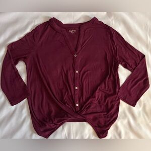LOFT Burgundy Twist Front Long Sleeve Blouse Size Small